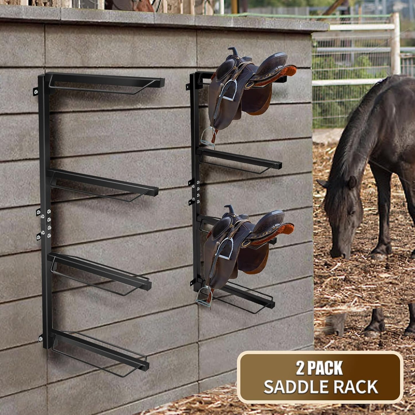 4 Tier Saddle Rack, Wall Mount for Western and English Saddle, Heavy Duty Steel Stand Supports to 300LB
