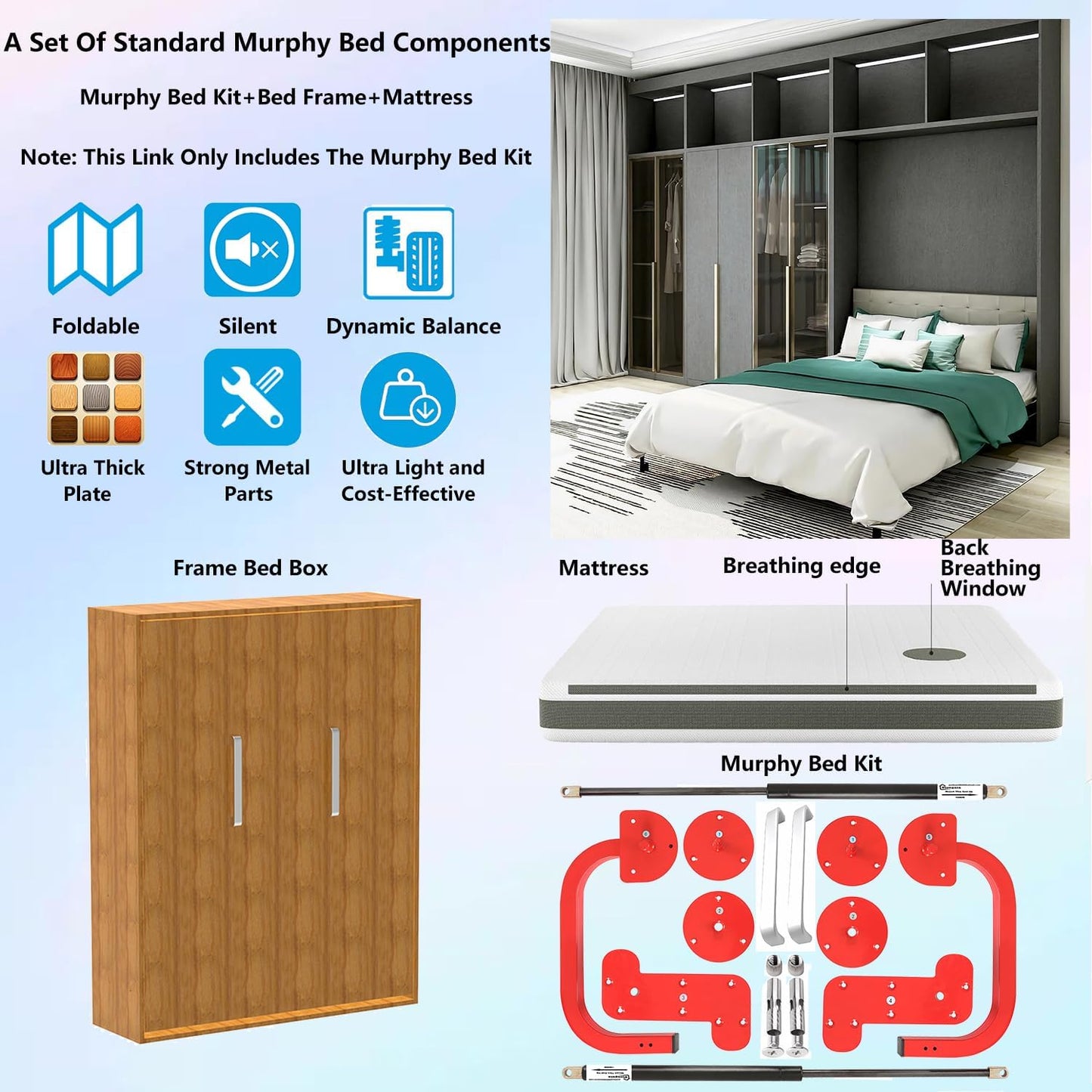 Tlongxia (Horizontal,Queen/Short Queen Create A Luxurious Bed Easy Murphy Bed Hardware Kit, Hover in Mid Air Hydraulic Rod Gas Spring System Folding
