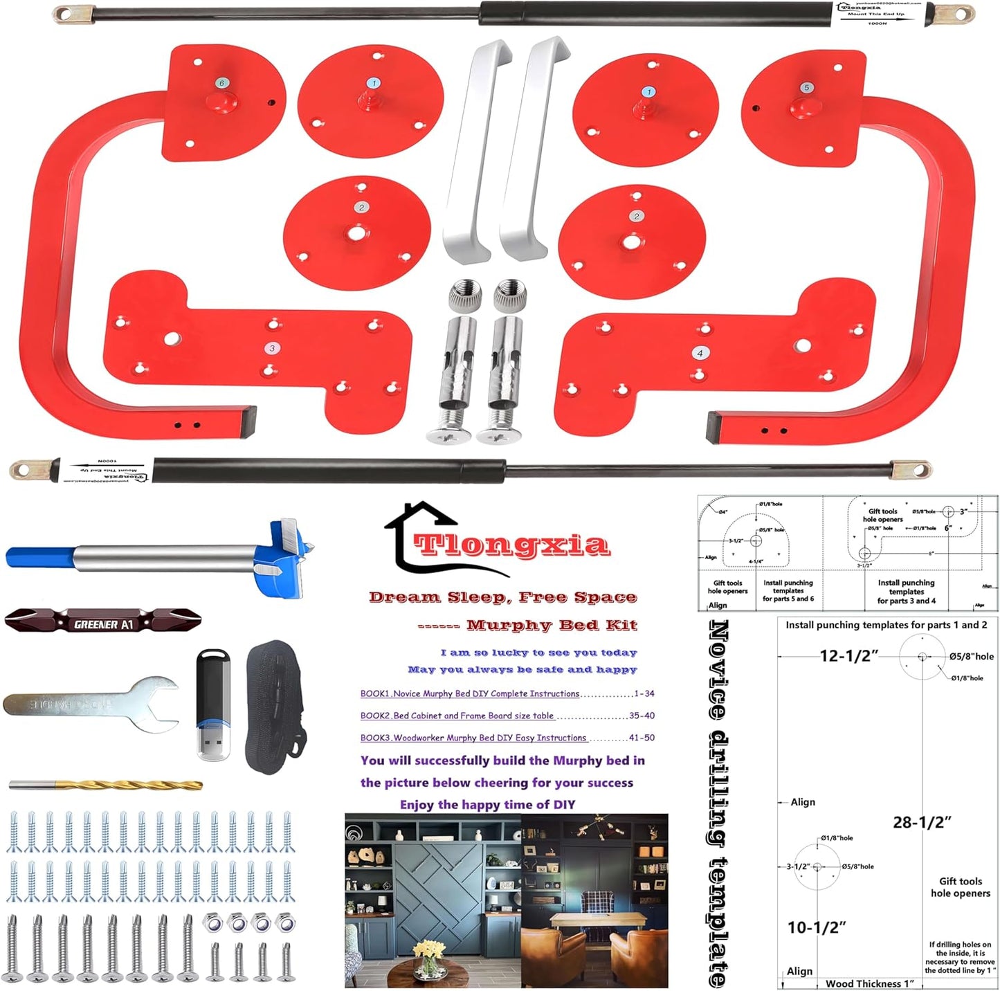 Tlongxia (Horizontal,Queen/Short Queen Create A Luxurious Bed Easy Murphy Bed Hardware Kit, Hover in Mid Air Hydraulic Rod Gas Spring System Folding