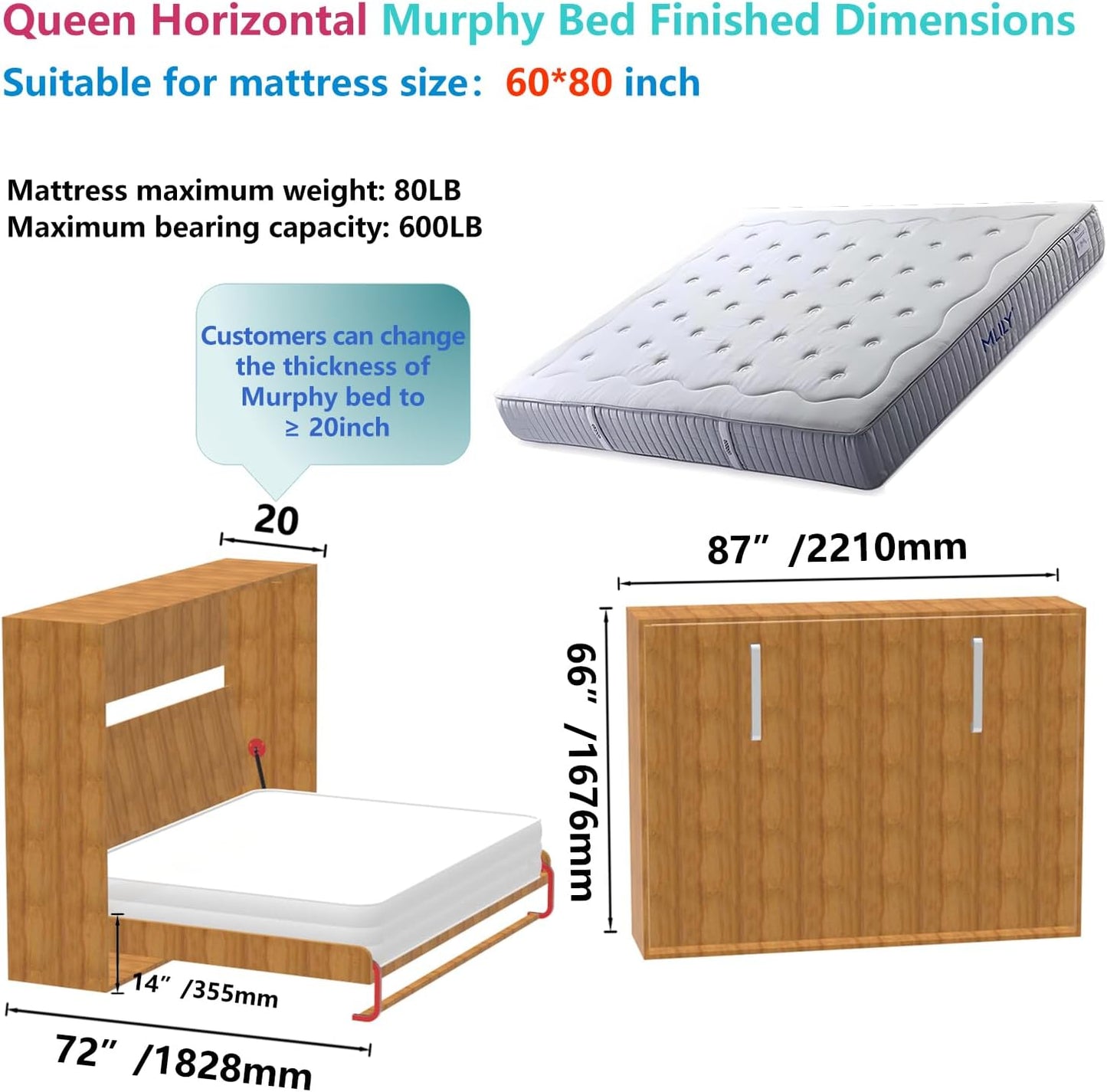 Tlongxia (Horizontal,Queen/Short Queen Create A Luxurious Bed Easy Murphy Bed Hardware Kit, Hover in Mid Air Hydraulic Rod Gas Spring System Folding