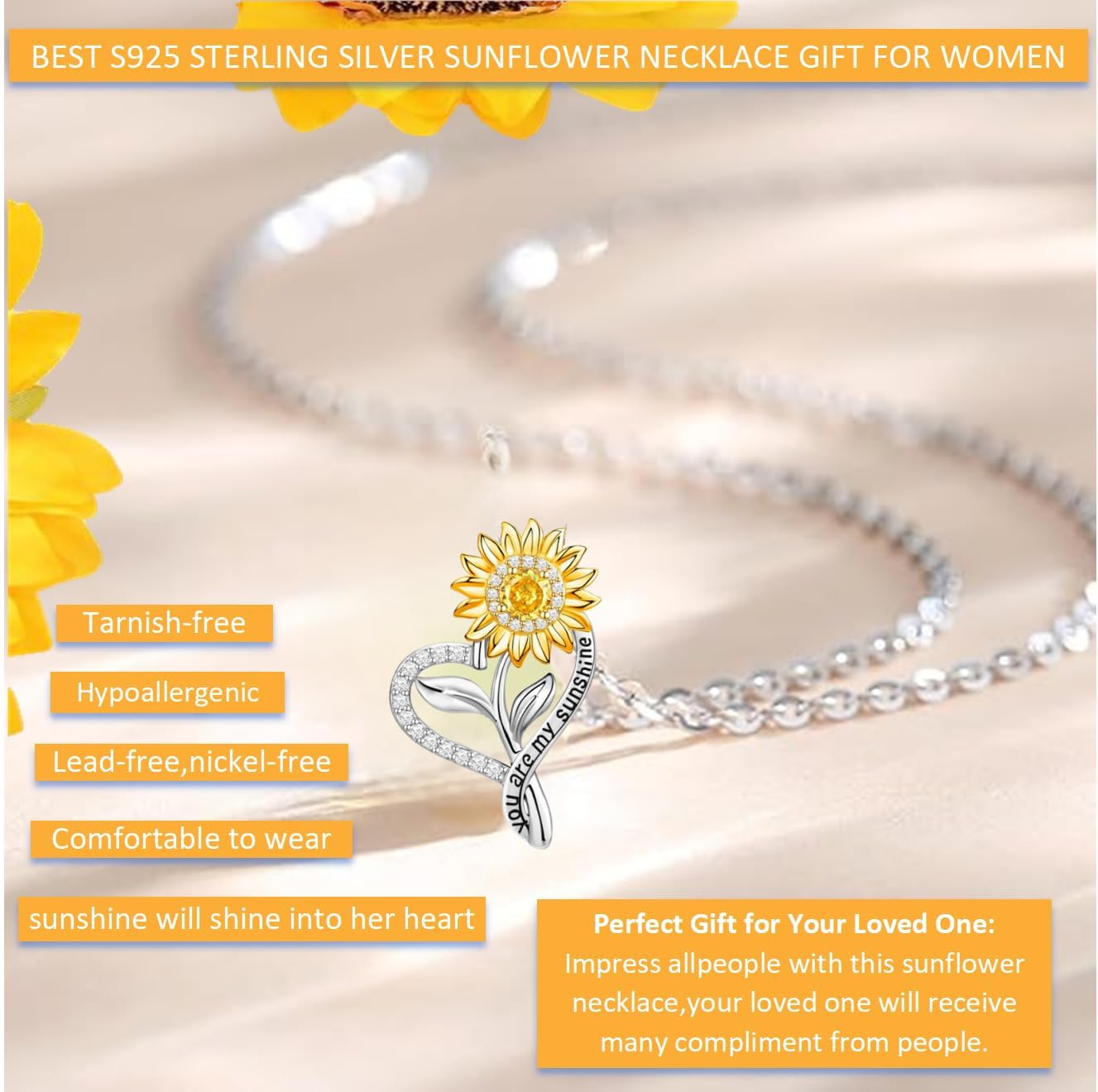 Sunflower Necklaces, 'You Are My Sunshine Necklace',18k Yellow Gold Plated S925 Sterling Silver