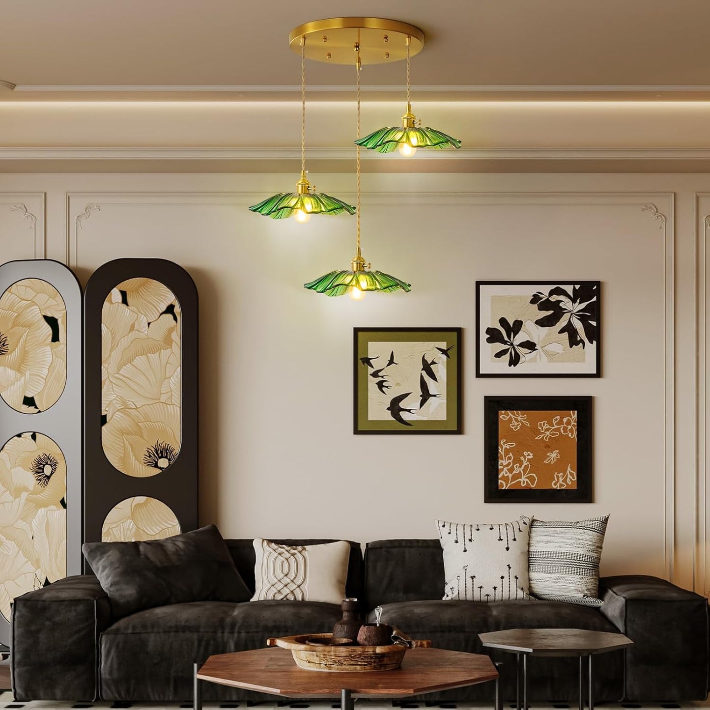 GloMuse Pendant Light Fixture Green Glass Light Kitchen Island Lights Dining Room Light Fixture Chandelier Flower Three Lights for Bedro