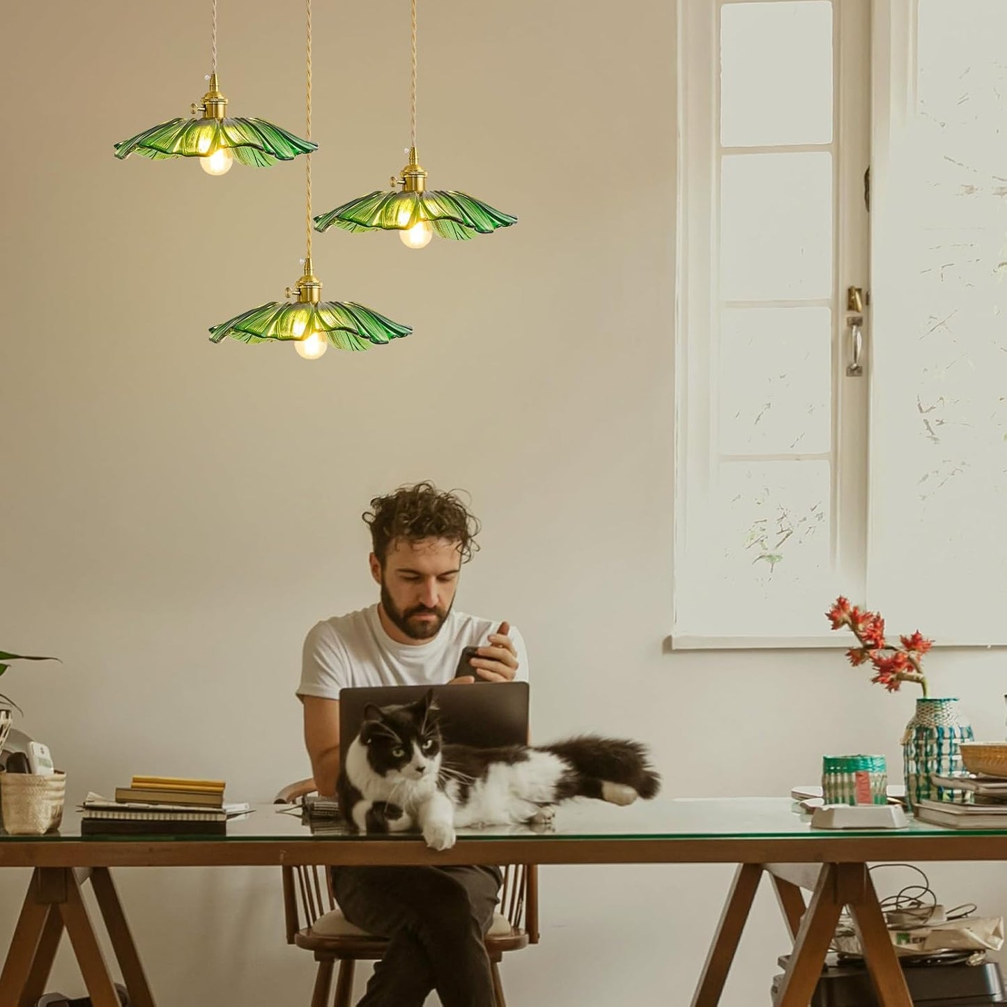GloMuse Pendant Light Fixture Green Glass Light Kitchen Island Lights Dining Room Light Fixture Chandelier Flower Three Lights for Bedro