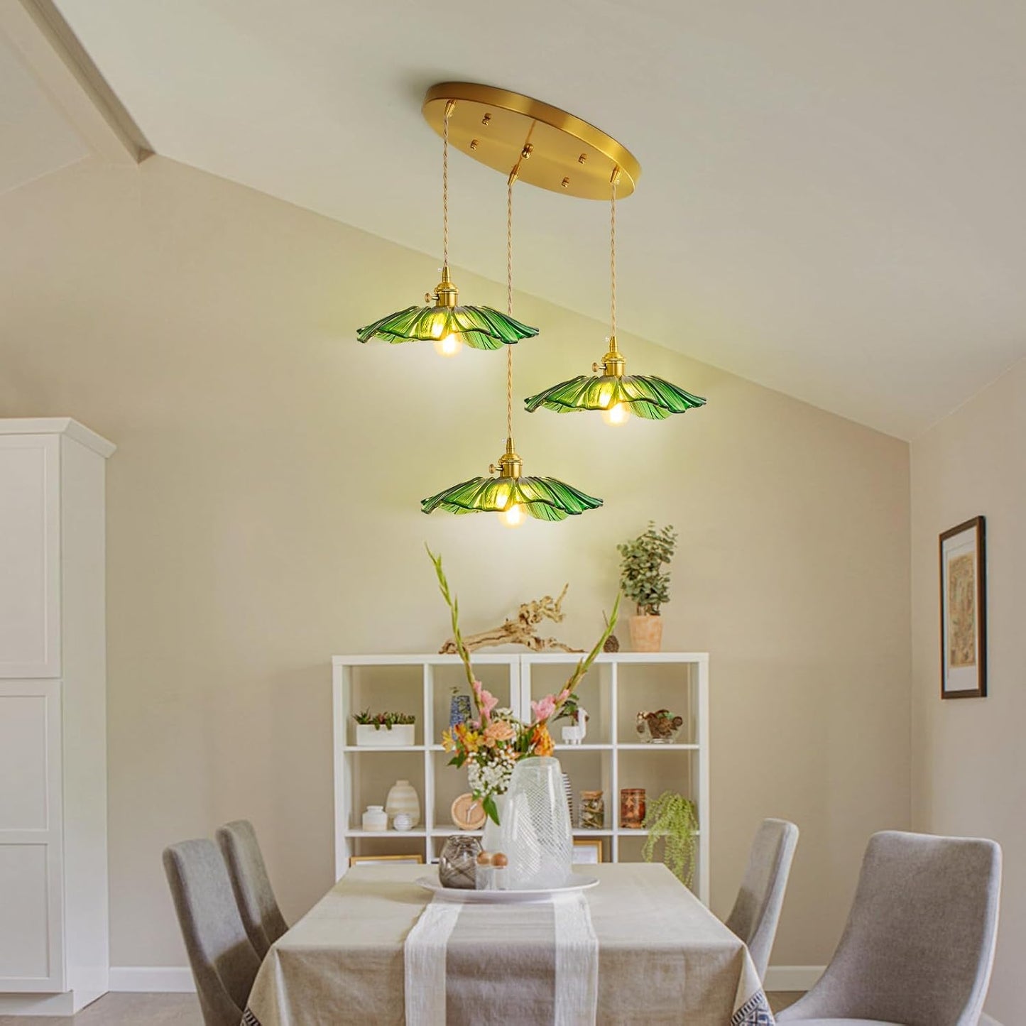 GloMuse Pendant Light Fixture Green Glass Light Kitchen Island Lights Dining Room Light Fixture Chandelier Flower Three Lights for Bedro