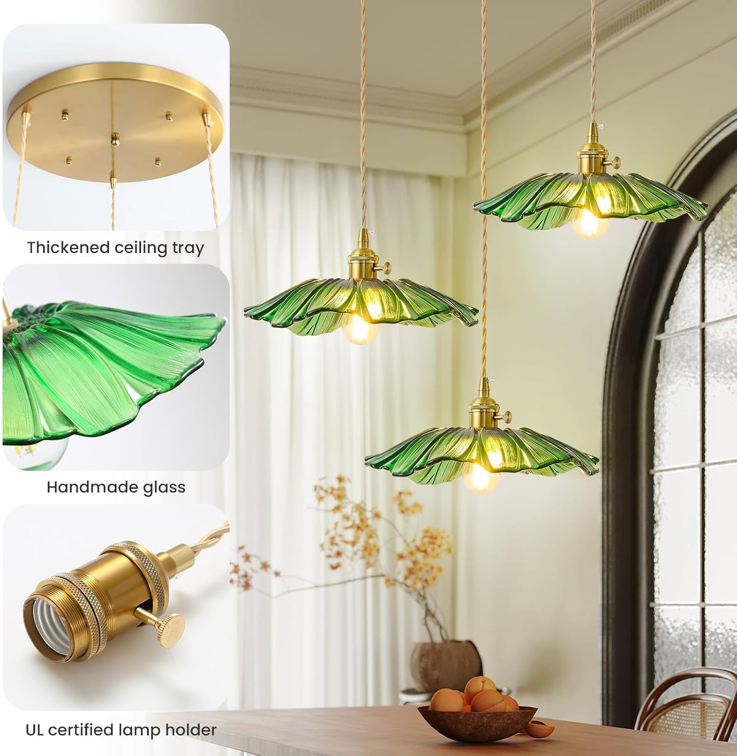 GloMuse Pendant Light Fixture Green Glass Light Kitchen Island Lights Dining Room Light Fixture Chandelier Flower Three Lights for Bedro