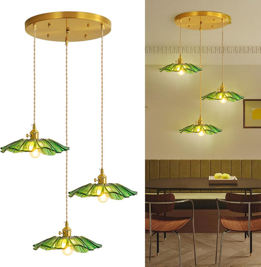GloMuse Pendant Light Fixture Green Glass Light Kitchen Island Lights Dining Room Light Fixture Chandelier Flower Three Lights for Bedro