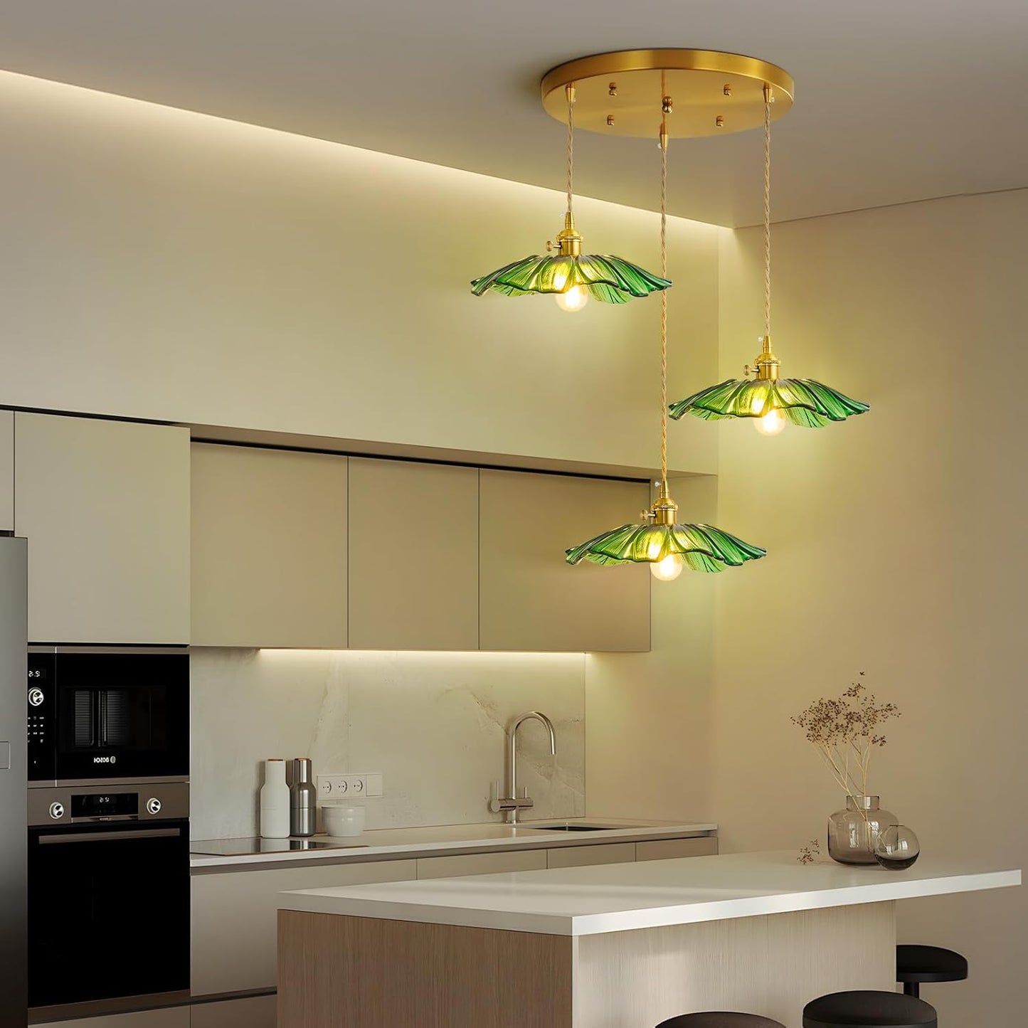 GloMuse Pendant Light Fixture Green Glass Light Kitchen Island Lights Dining Room Light Fixture Chandelier Flower Three Lights for Bedro