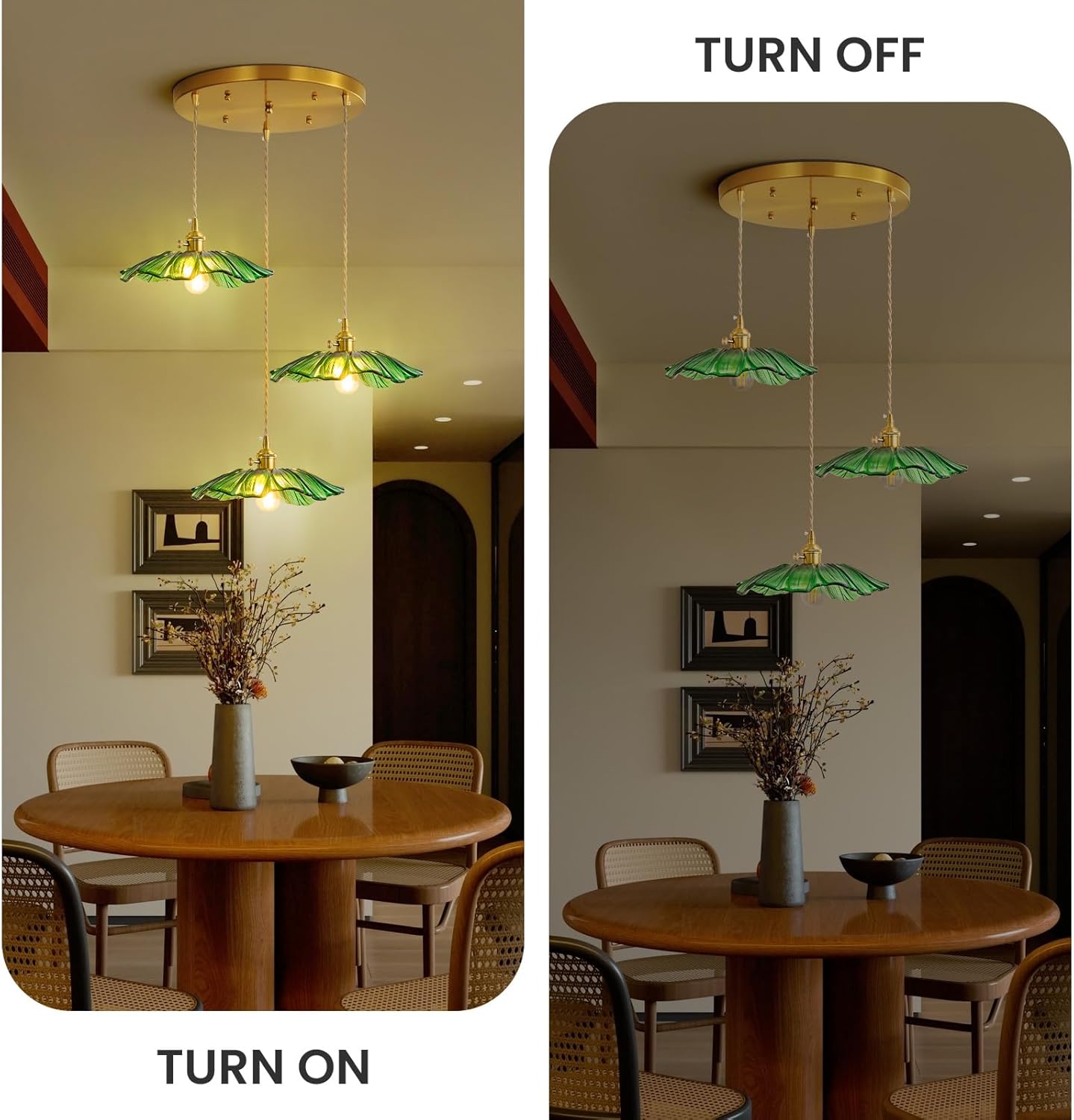 GloMuse Pendant Light Fixture Green Glass Light Kitchen Island Lights Dining Room Light Fixture Chandelier Flower Three Lights for Bedro