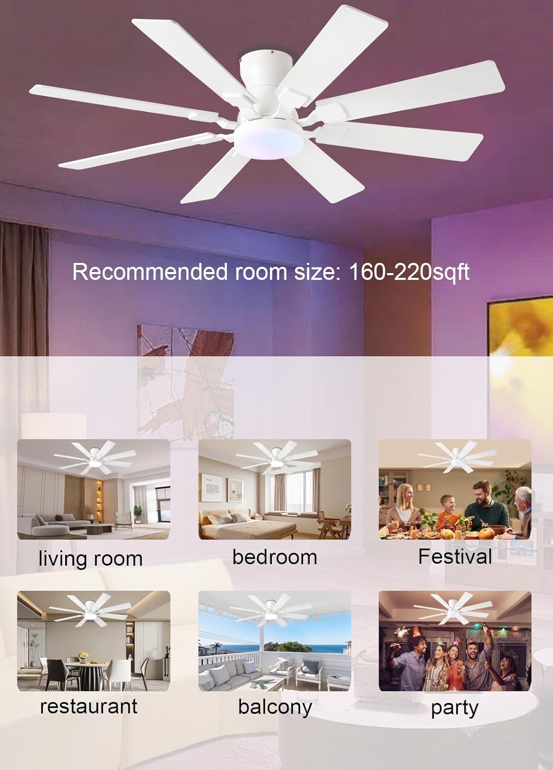 JSAITEE 52 inch Ceiling Fan with Light, 8 Speeds Reversible Low Profile Ceiling Fan with Light and Remote/APP Control, 3 Color Temp+Dim