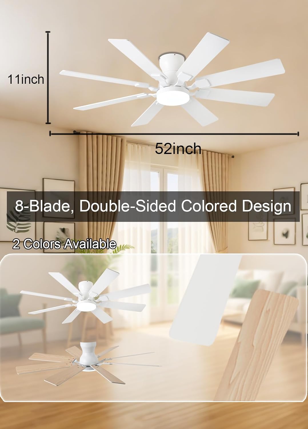 JSAITEE 52 inch Ceiling Fan with Light, 8 Speeds Reversible Low Profile Ceiling Fan with Light and Remote/APP Control, 3 Color Temp+Dim