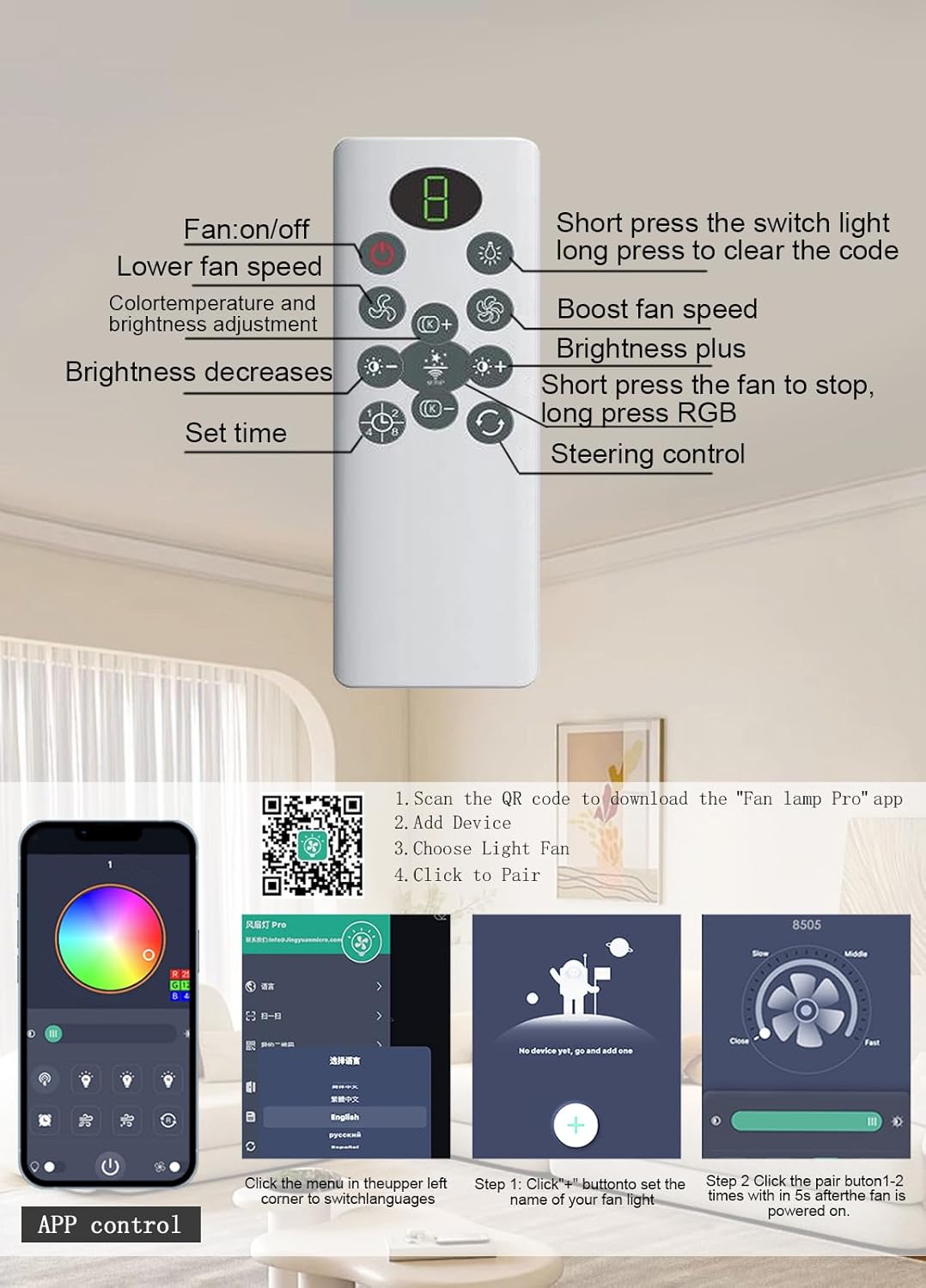 JSAITEE 52 inch Ceiling Fan with Light, 8 Speeds Reversible Low Profile Ceiling Fan with Light and Remote/APP Control, 3 Color Temp+Dim