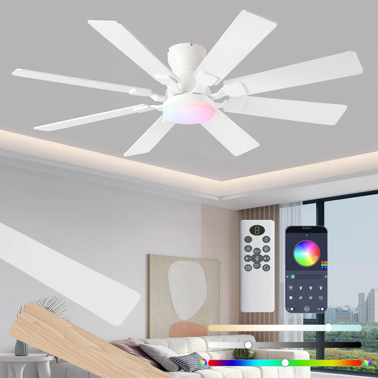 JSAITEE 52 inch Ceiling Fan with Light, 8 Speeds Reversible Low Profile Ceiling Fan with Light and Remote/APP Control, 3 Color Temp+Dim