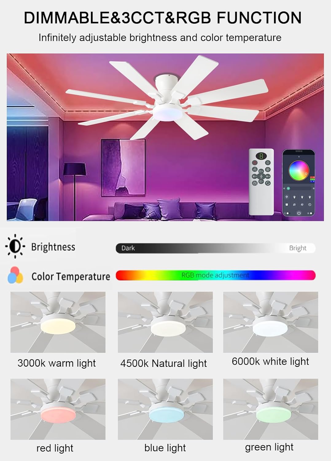 JSAITEE 52 inch Ceiling Fan with Light, 8 Speeds Reversible Low Profile Ceiling Fan with Light and Remote/APP Control, 3 Color Temp+Dim