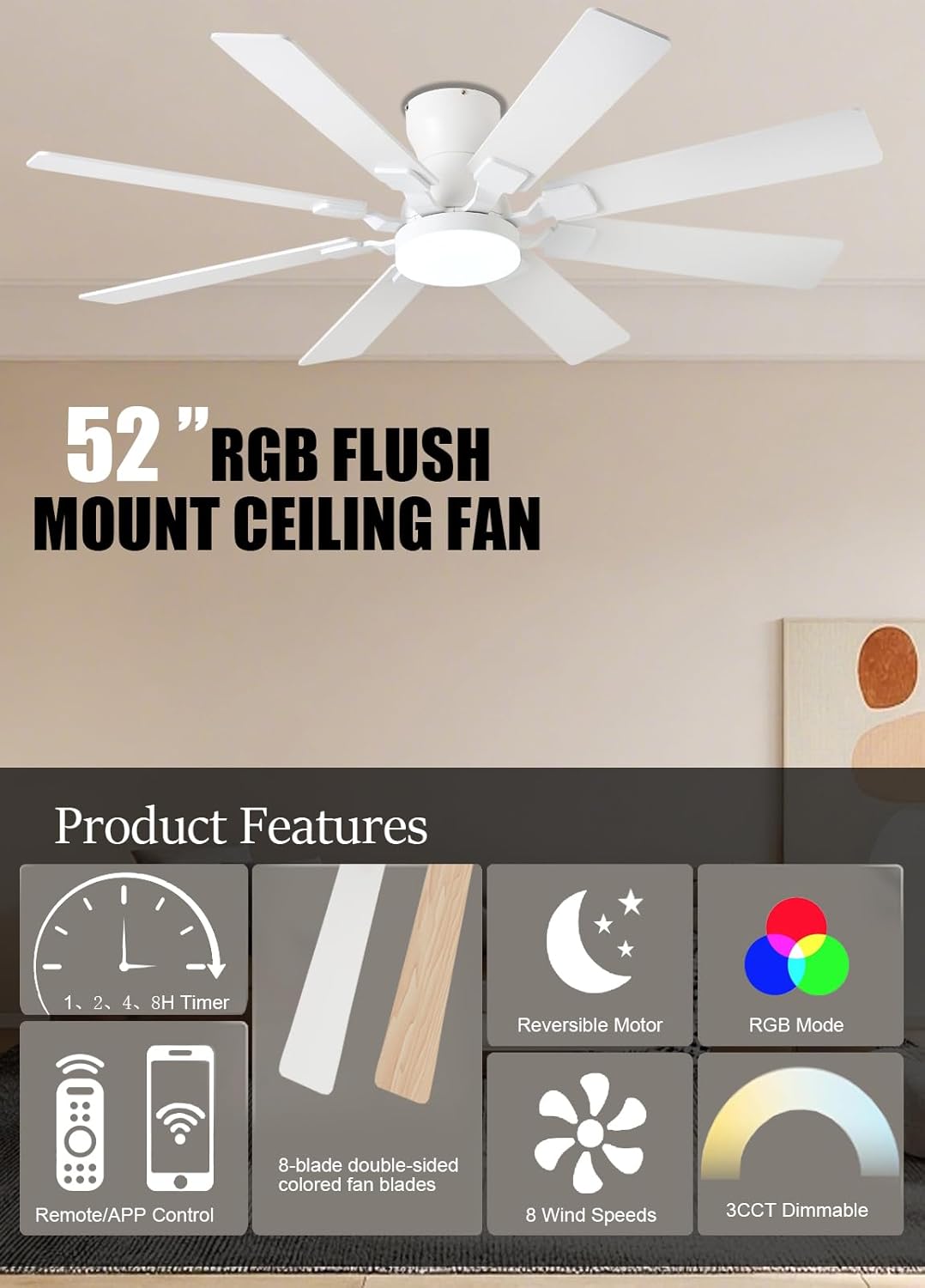 JSAITEE 52 inch Ceiling Fan with Light, 8 Speeds Reversible Low Profile Ceiling Fan with Light and Remote/APP Control, 3 Color Temp+Dim