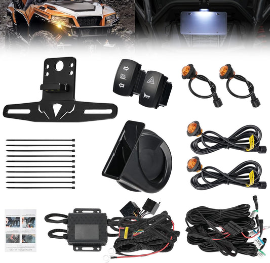 KEMIMOTO UTV Turn Signal Kit with 110D Horn and License Plate Holder with Light, Pre-Wired, Plug and Play UTV ATV Blinker with Ro