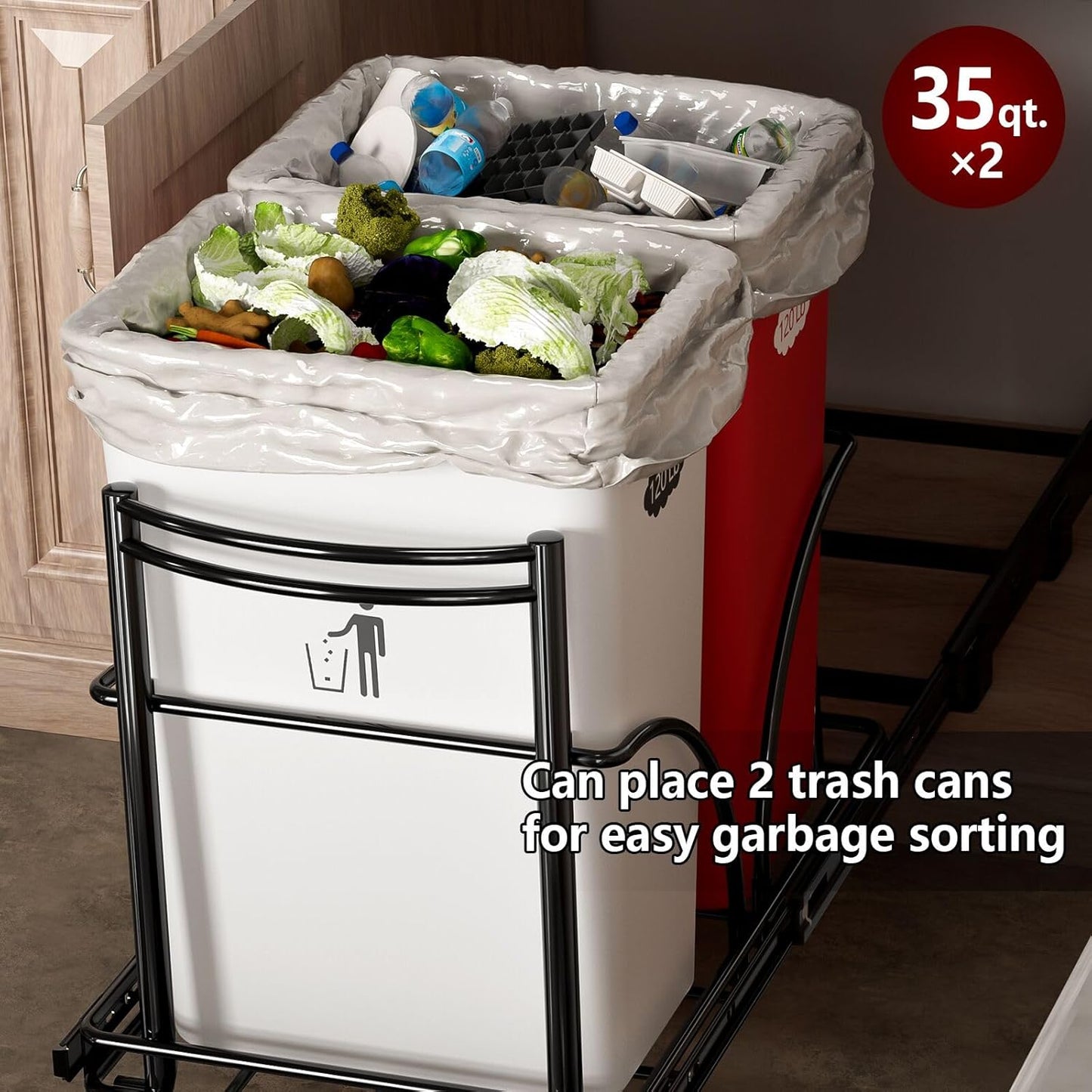 Dual Under Sink Trash Can Heavy Duty Pull Out Trash Can Under Cabinet, Fits 2x35Qt (7-9 Gal)