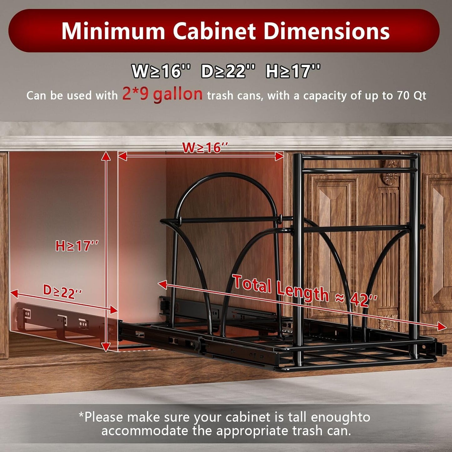 Dual Under Sink Trash Can Heavy Duty Pull Out Trash Can Under Cabinet, Fits 2x35Qt (7-9 Gal)