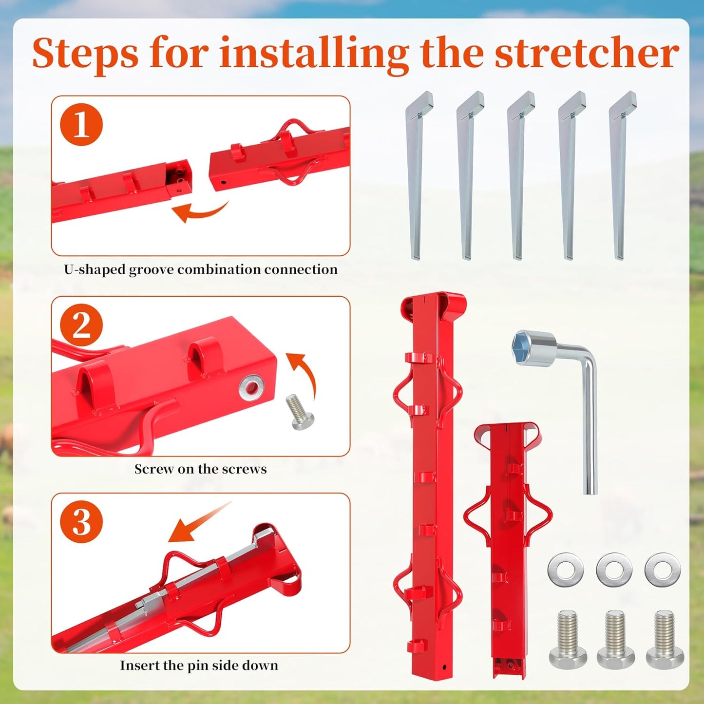 Woven Wire Fence Stretcher Bar, 4ft 5 Wedges Fence Stretcher Heavy-Duty Wire Fence Stretcher Tool