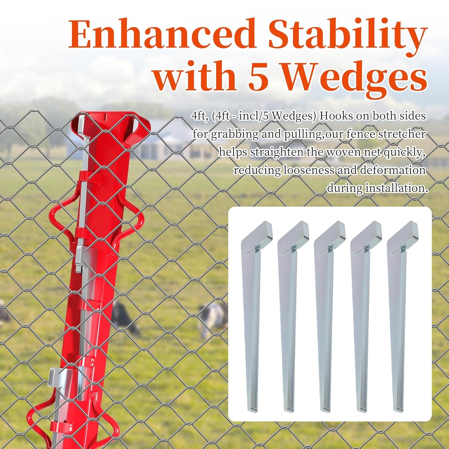 Woven Wire Fence Stretcher Bar, 4ft 5 Wedges Fence Stretcher Heavy-Duty Wire Fence Stretcher Tool