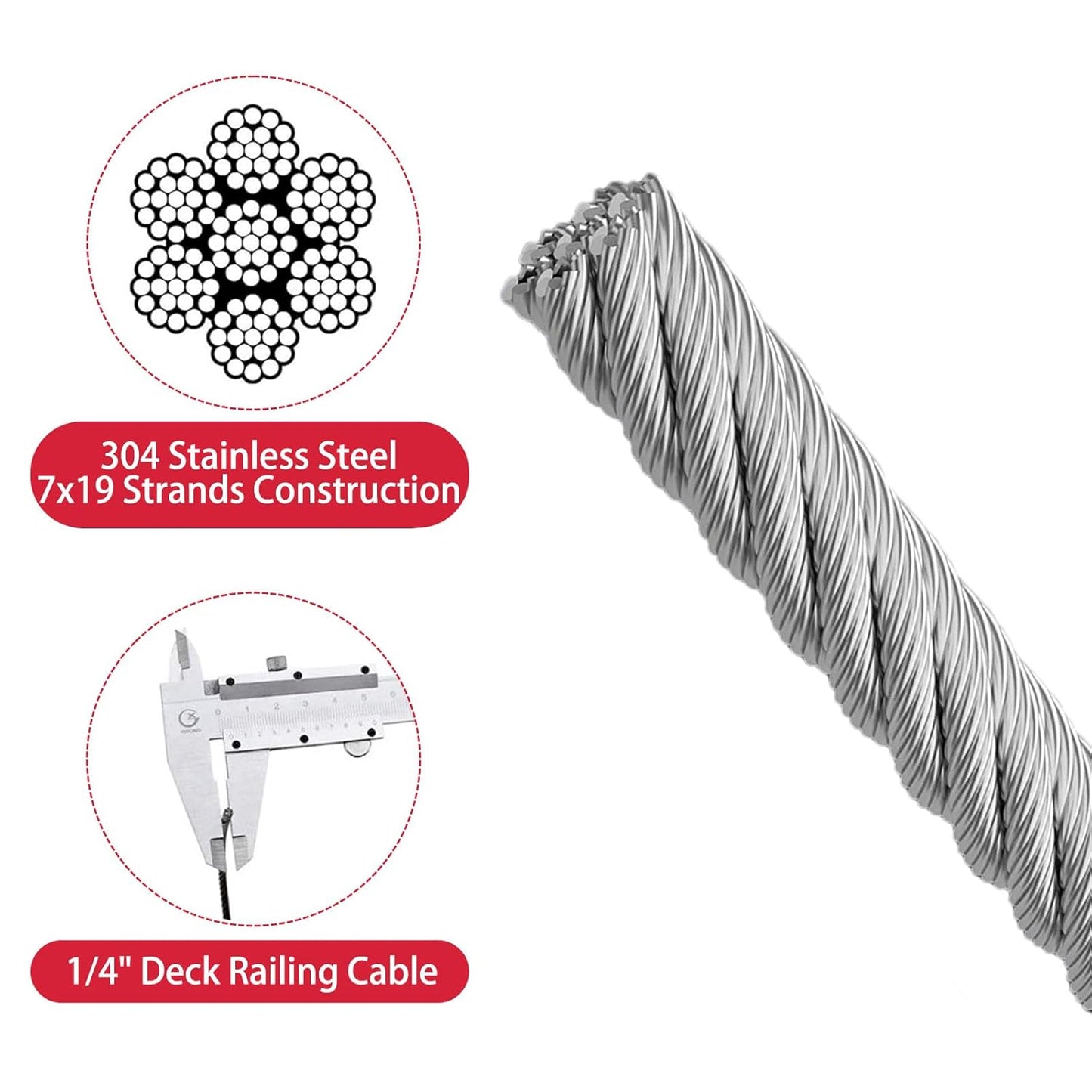 1/4&#34; Stainless Steel Cable,7x19 Strand Aircraft Wire Rope,Cable for Zip Iine and Outdoor Pulley Cables,Breaking Strength 6400 Ibs 2