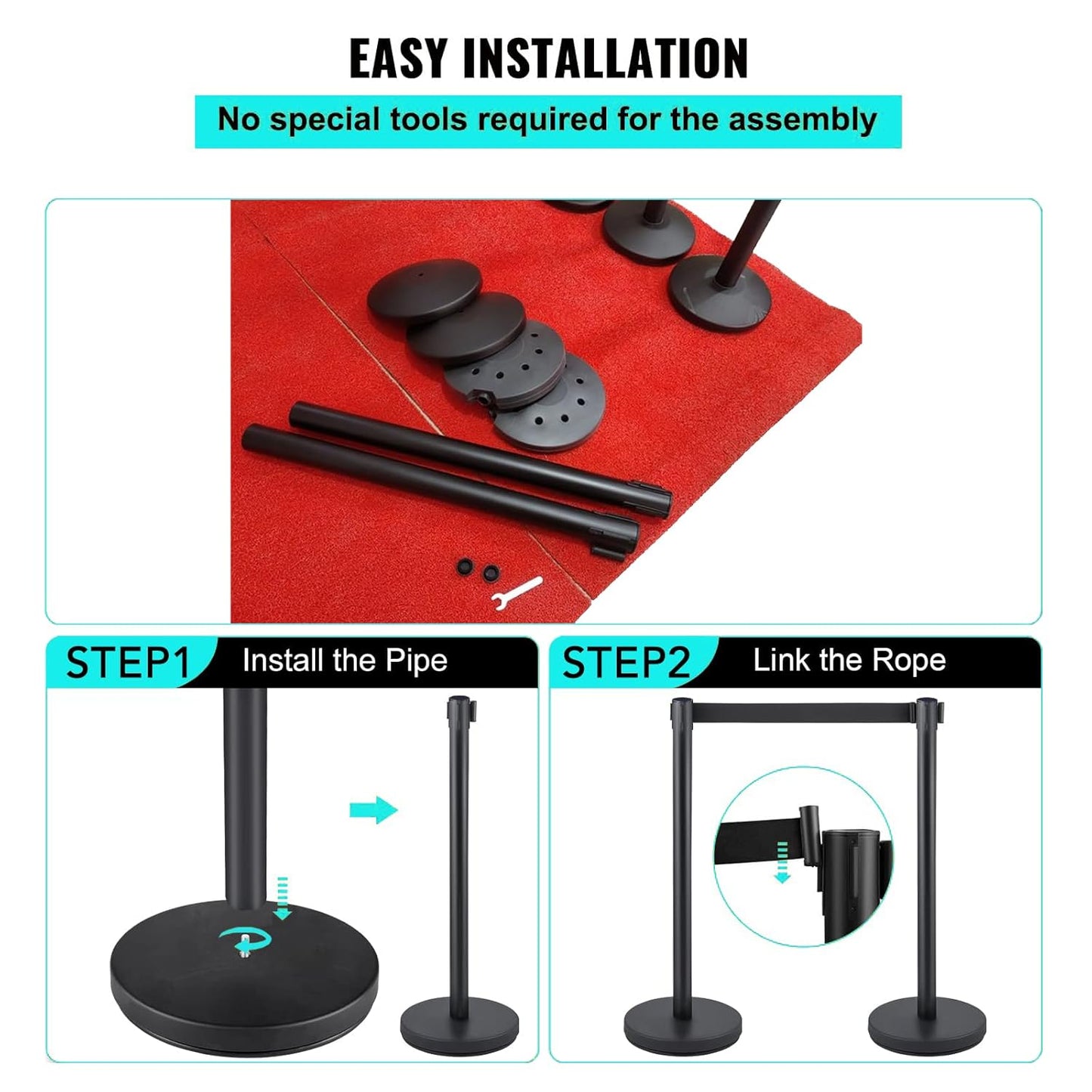 Crowd Control Stanchions, Stanchion Queue Post with Retractable Belts 6.5Ft, Easy Assembly