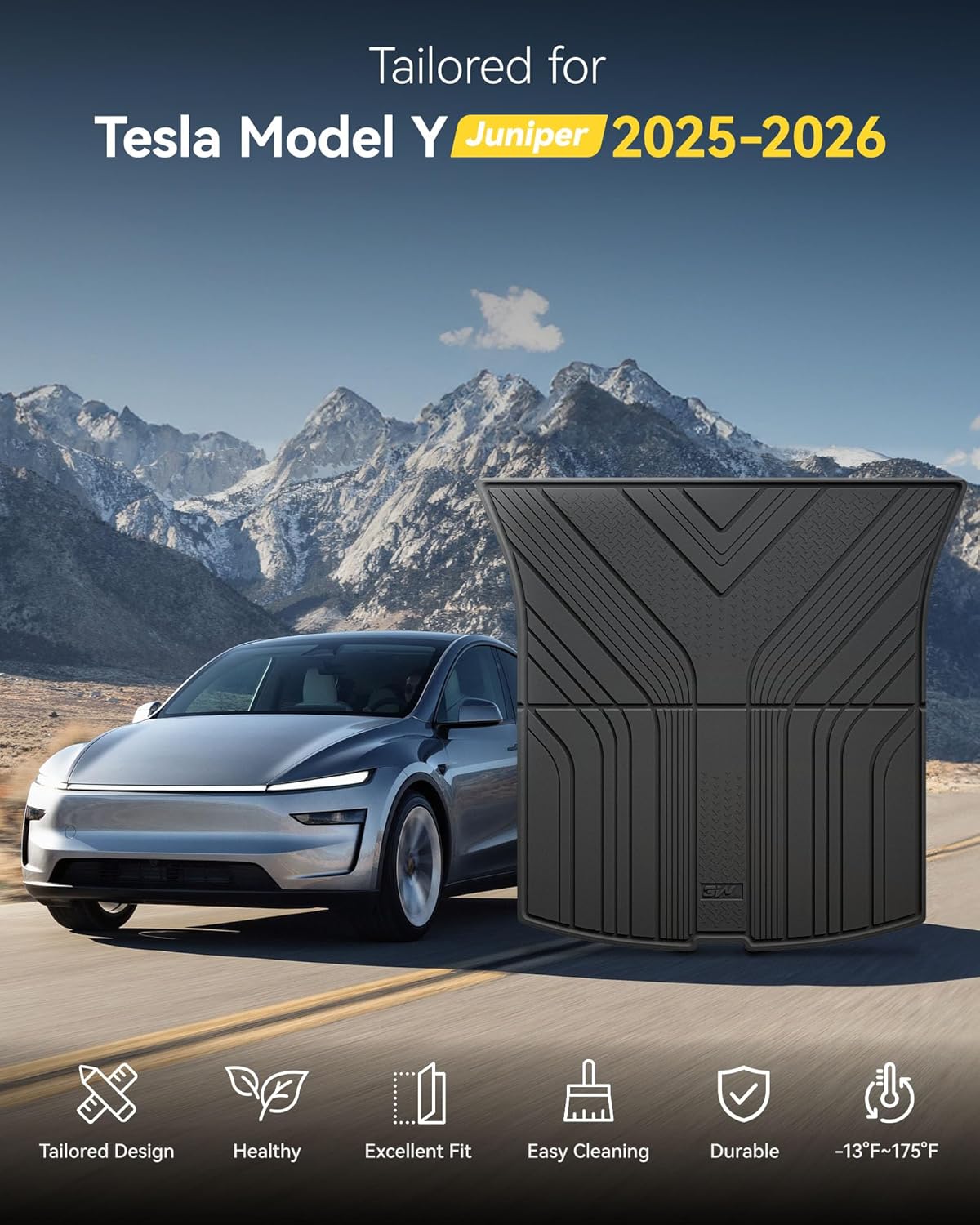 3W 2025 2026 Tesla Model Y Juniper Cargo Mat with Front & Rear Trunk Mats Cargo Liners Anti-Slip TPE All Weather Accessories Vigormold™ 1) Juniper Model Y|Cargo Mat Set