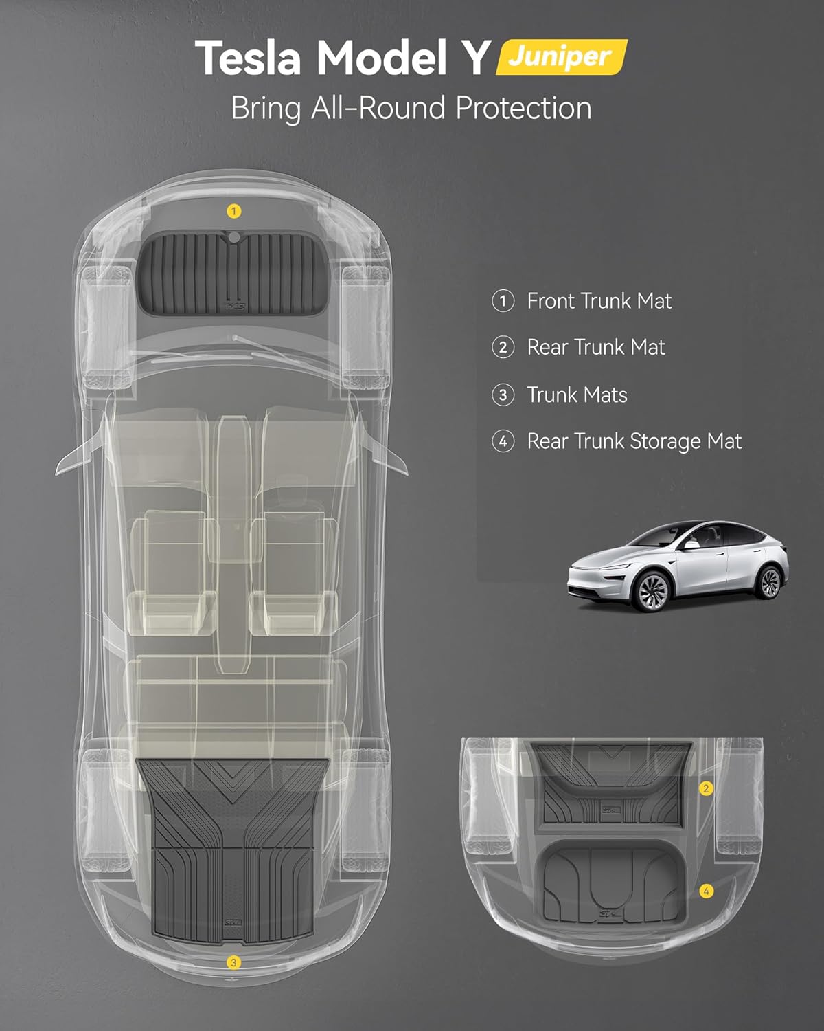 3W 2025 2026 Tesla Model Y Juniper Cargo Mat with Front & Rear Trunk Mats Cargo Liners Anti-Slip TPE All Weather Accessories Vigormold™ 1) Juniper Model Y|Cargo Mat Set