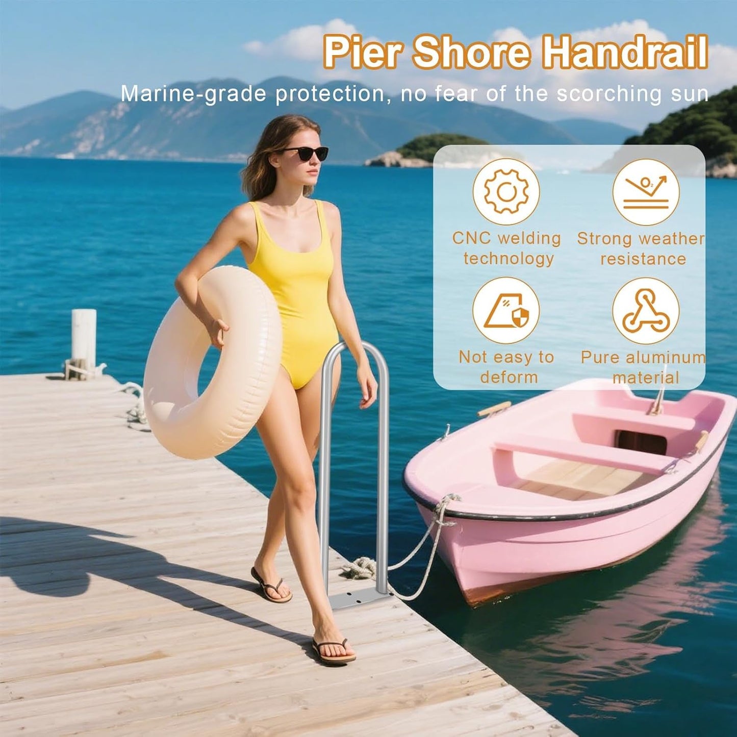 Aluminum Dock Boarding Handrail, 28' x 13' Swimming Pool Railing Hot Tub Safety Handrail