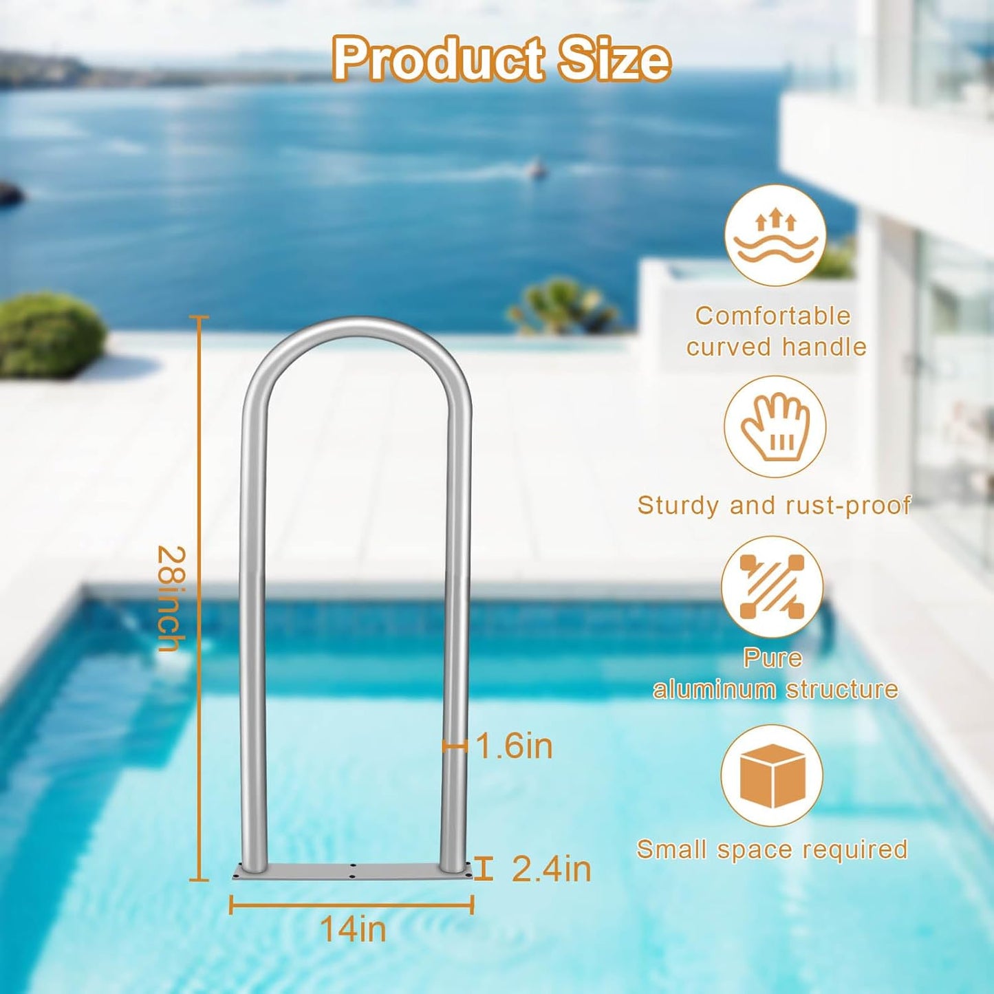 Aluminum Dock Boarding Handrail, 28' x 13' Swimming Pool Railing Hot Tub Safety Handrail