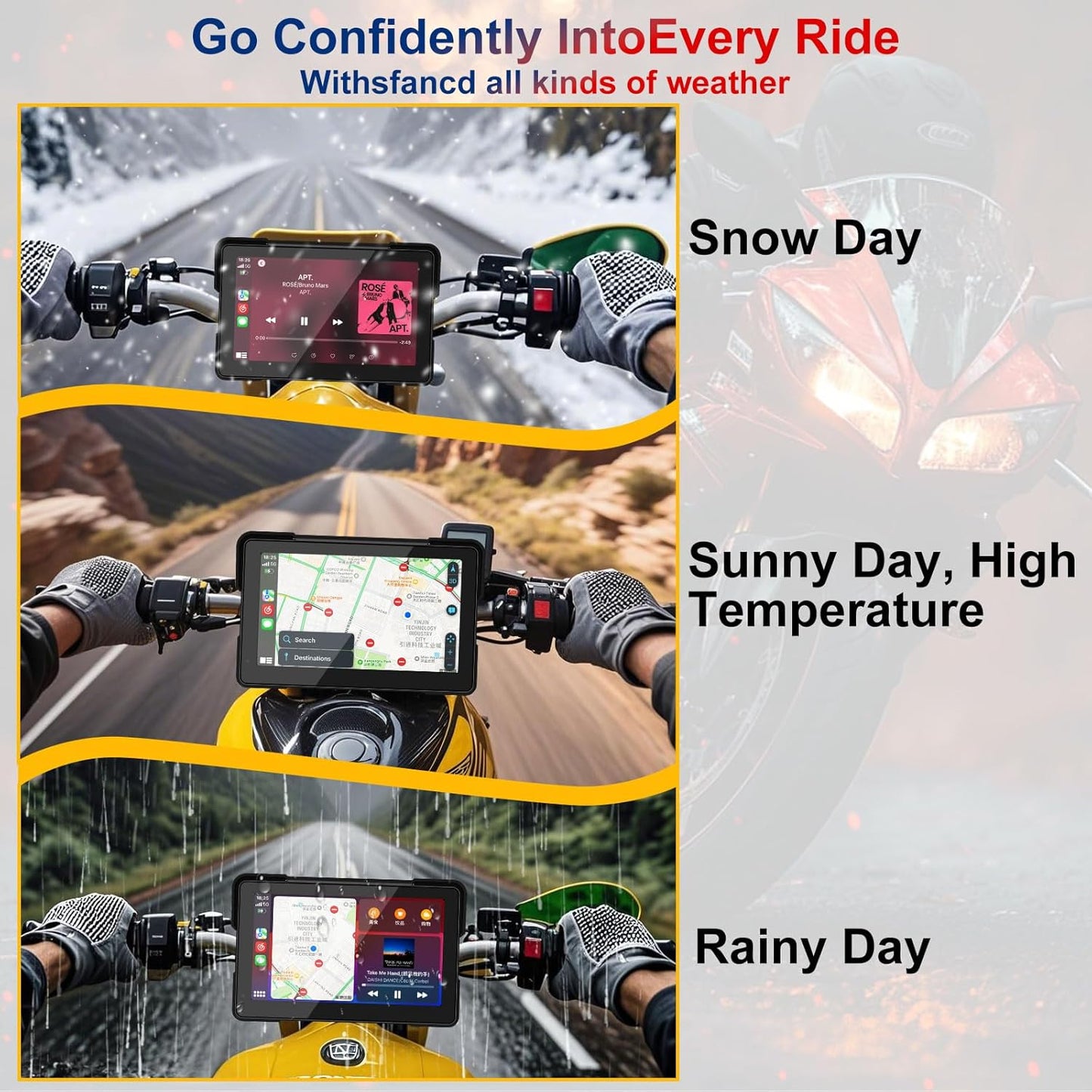MT700 Wireless Motorcycle CarPlay/Android Auto, Waterproof GPS Navigation Touchscreen