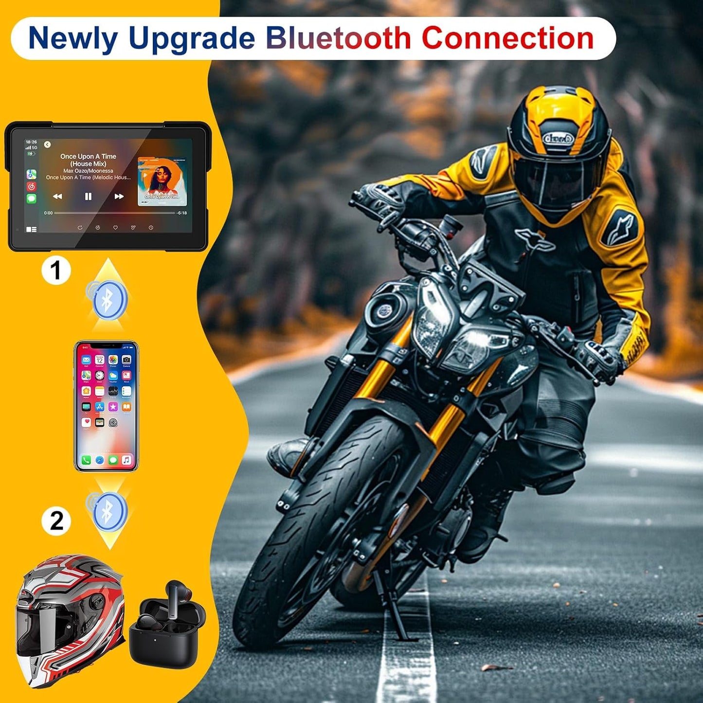 MT700 Wireless Motorcycle CarPlay/Android Auto, Waterproof GPS Navigation Touchscreen