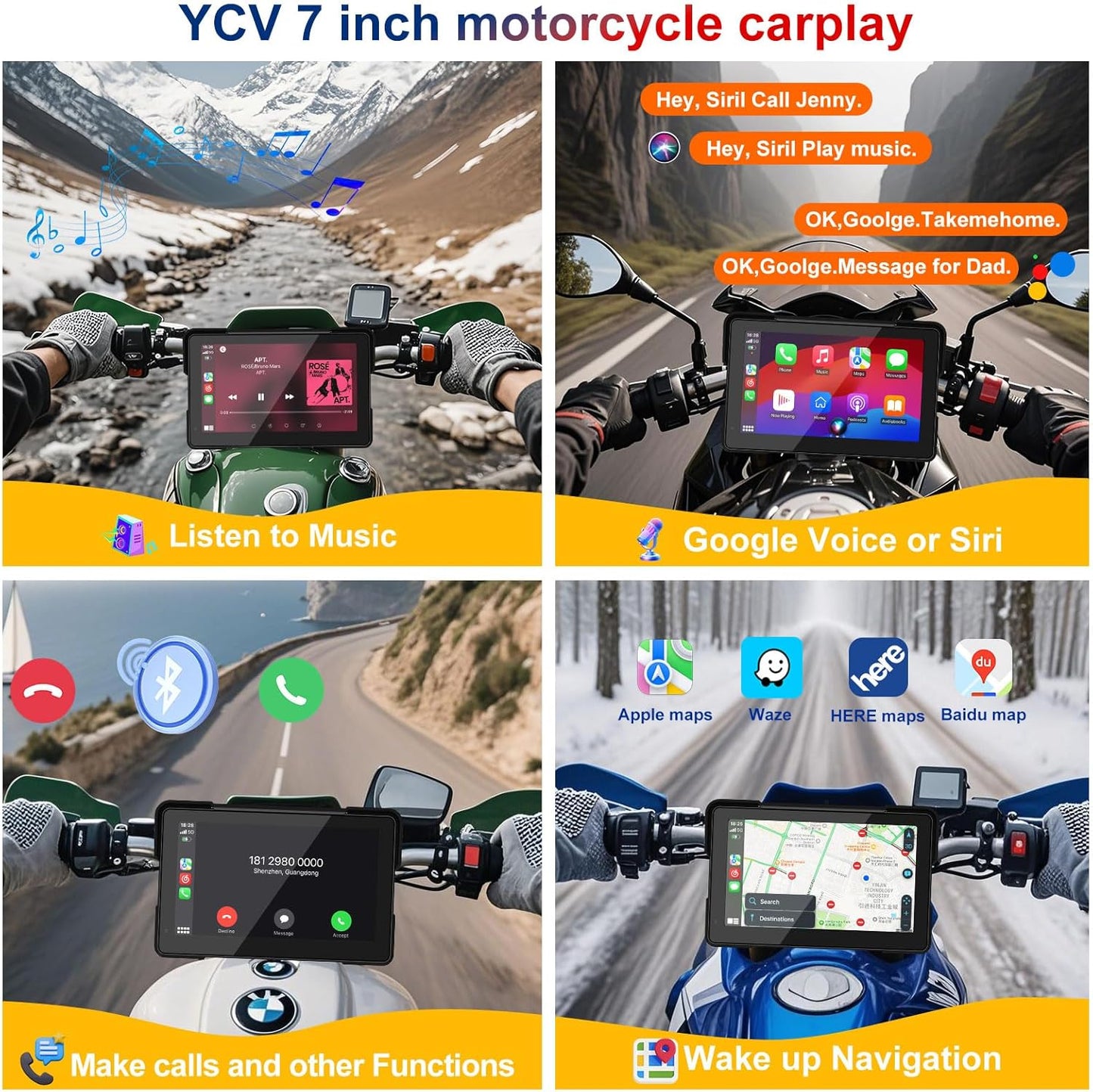 MT700 Wireless Motorcycle CarPlay/Android Auto, Waterproof GPS Navigation Touchscreen