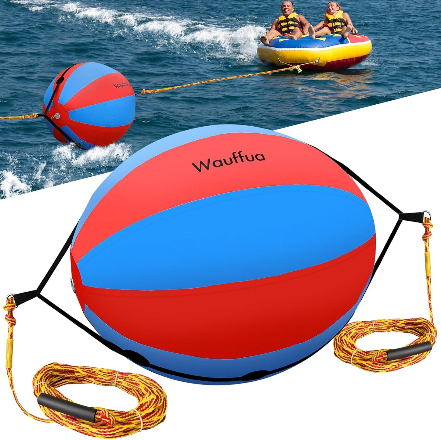 Towable Tube Rope Booster Ball, Tow Rope for Boat Tubing, 60 ft Rope for Lift and Visibility with 2600lb Break Strength for Boating, Water