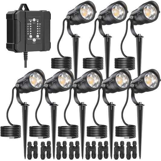 Low Voltage Landscape Lighting with Connectors, 100W Transformer Photocell Sensor and Timer Spotlights
