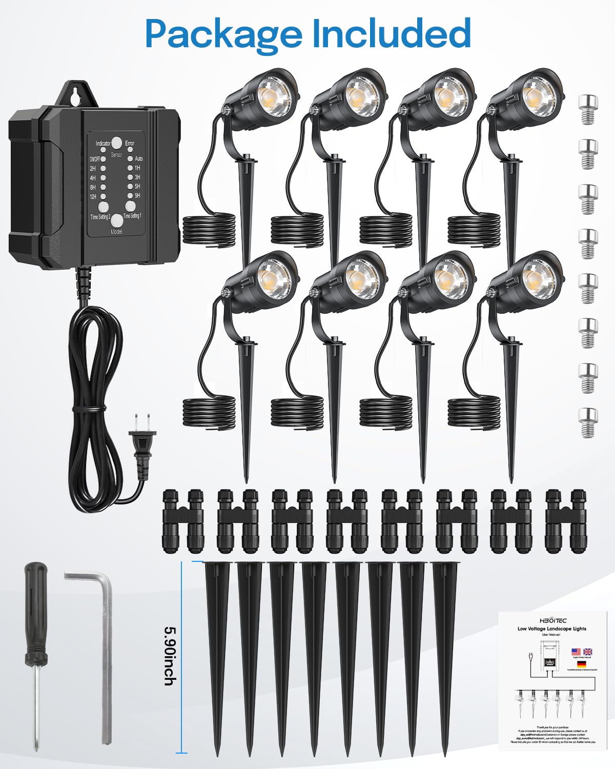 Low Voltage Landscape Lighting with Connectors, 100W Transformer Photocell Sensor and Timer Spotlights