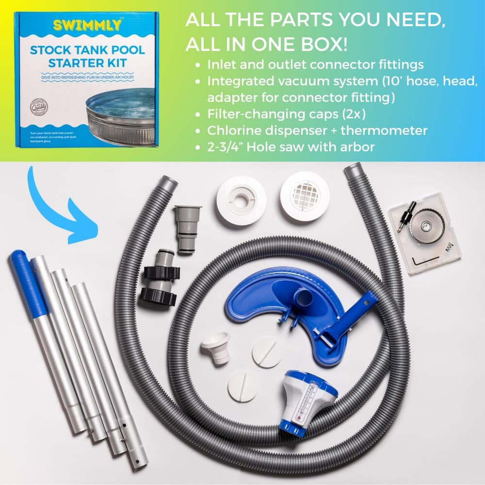 Stock Tank Pool DIY Kit, Includes Connector Fittings, Vacuum, Hole Saw, Chlorine Dispenser, Thermometer