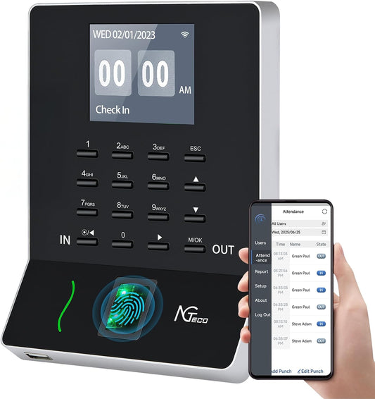 NGTeco APP-Based Time Clocks for Employees Small Business, W2, Fingerprint, Password, 2.4GHz WiFi
