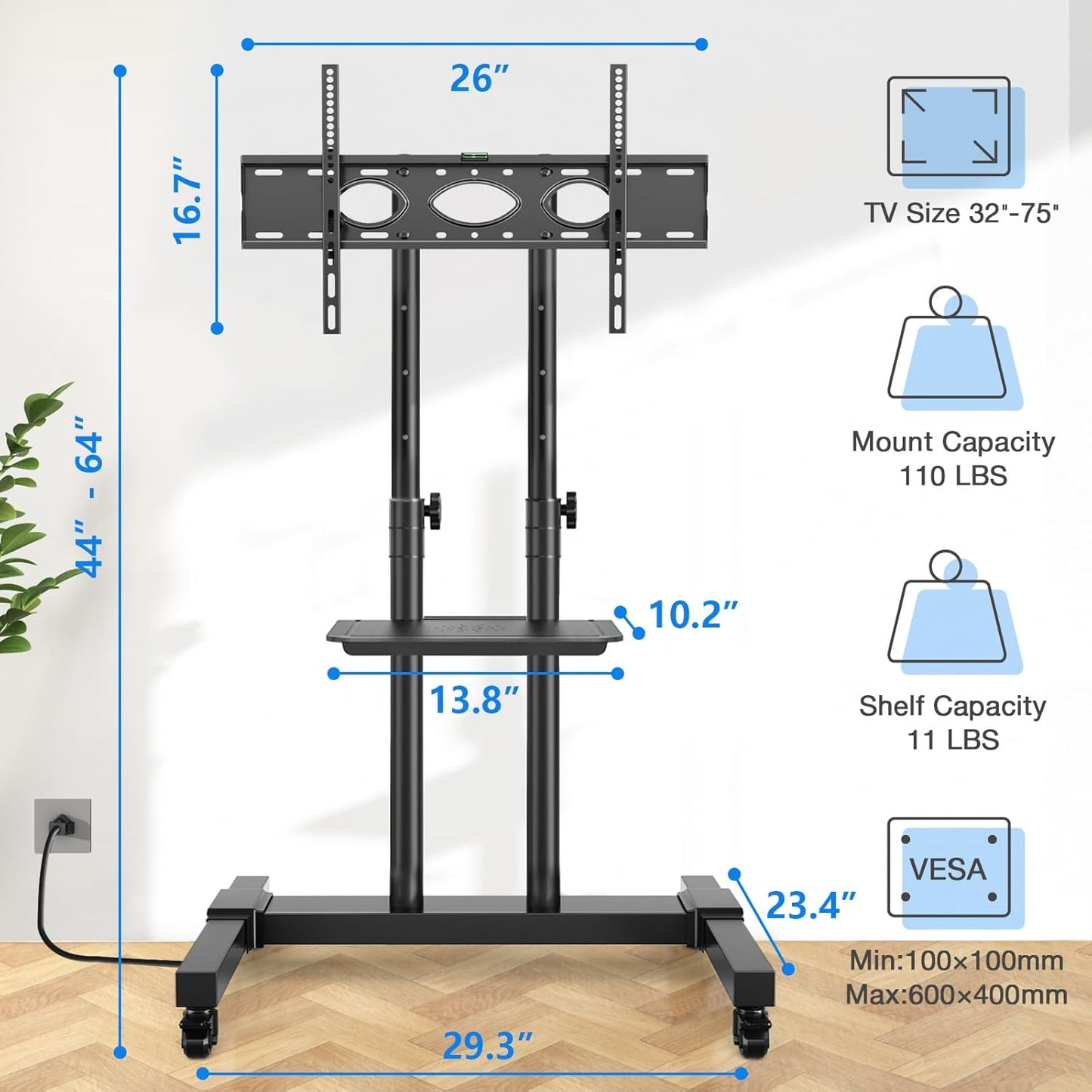 Rolling TV Stand with Power Outlet for 32-83 Inch TVs, Heavy Duty Mobile TV Cart on Wheels