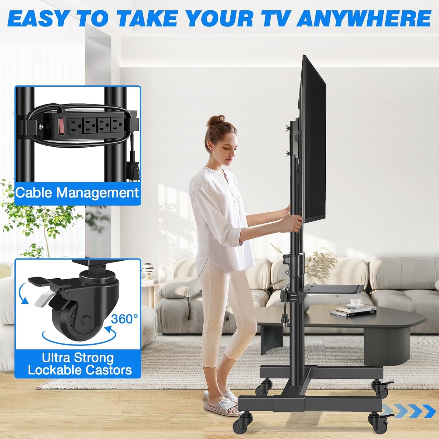 Rolling TV Stand with Power Outlet for 32-83 Inch TVs, Heavy Duty Mobile TV Cart on Wheels
