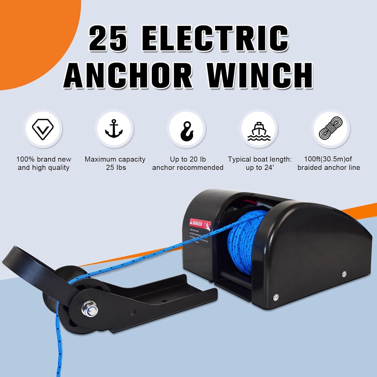 Electric Anchor Winch, 25 LBS Marine Windlass, 12V with Remote Control, 100ft Rope, Easy to Operate, Black