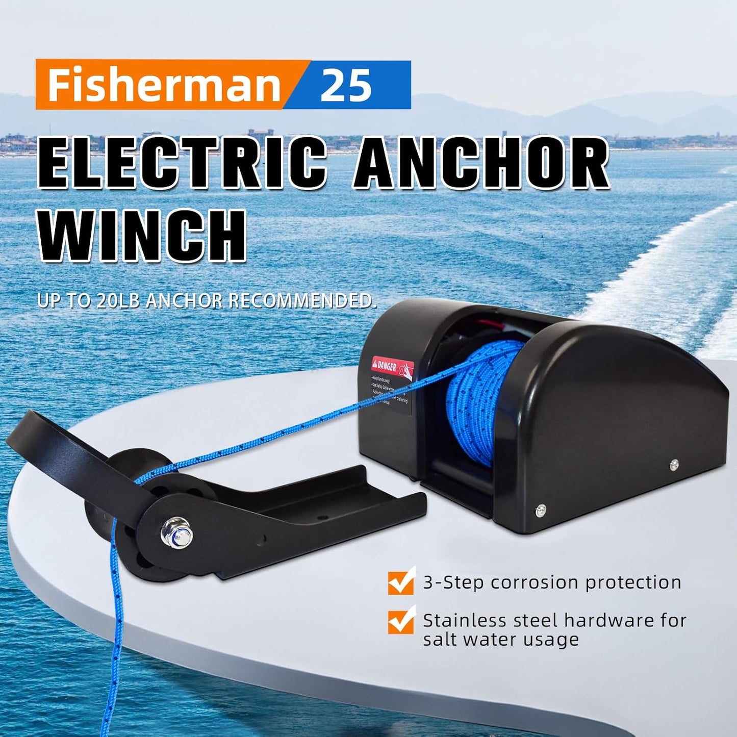 Electric Anchor Winch, 25 LBS Marine Windlass, 12V with Remote Control, 100ft Rope, Easy to Operate, Black
