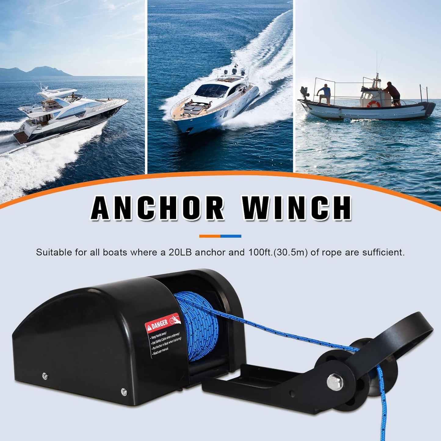 Electric Anchor Winch, 25 LBS Marine Windlass, 12V with Remote Control, 100ft Rope, Easy to Operate, Black