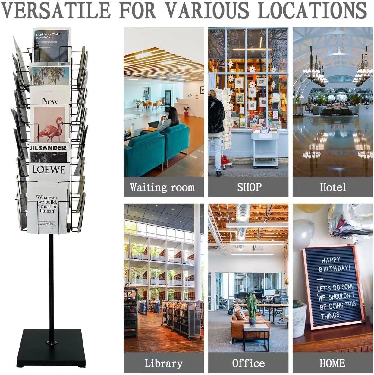 Rotating Magazine Rack Stand, 36-Pocket, Floor Spinner Display for Magazines, Comic Books, Brochures, A4