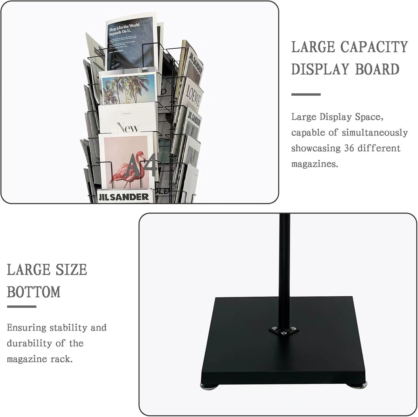 Rotating Magazine Rack Stand, 36-Pocket, Floor Spinner Display for Magazines, Comic Books, Brochures, A4
