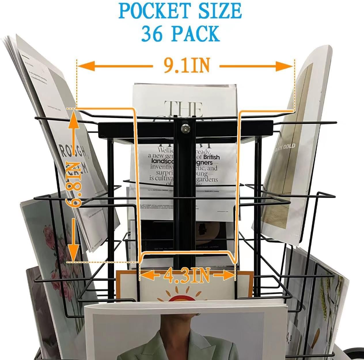 Rotating Magazine Rack Stand, 36-Pocket, Floor Spinner Display for Magazines, Comic Books, Brochures, A4