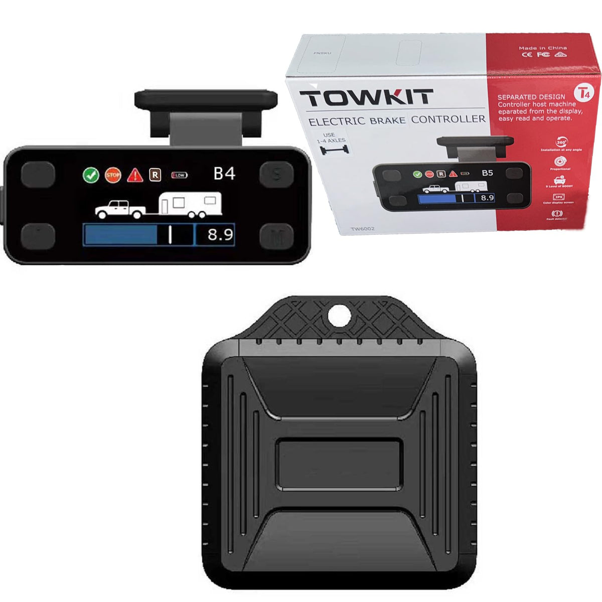 Trailer Brake Controller, Brake Controller Kit, Electric Brake Controller for Trailers with 1-4 Axles, Color LCD Screen, Split Design