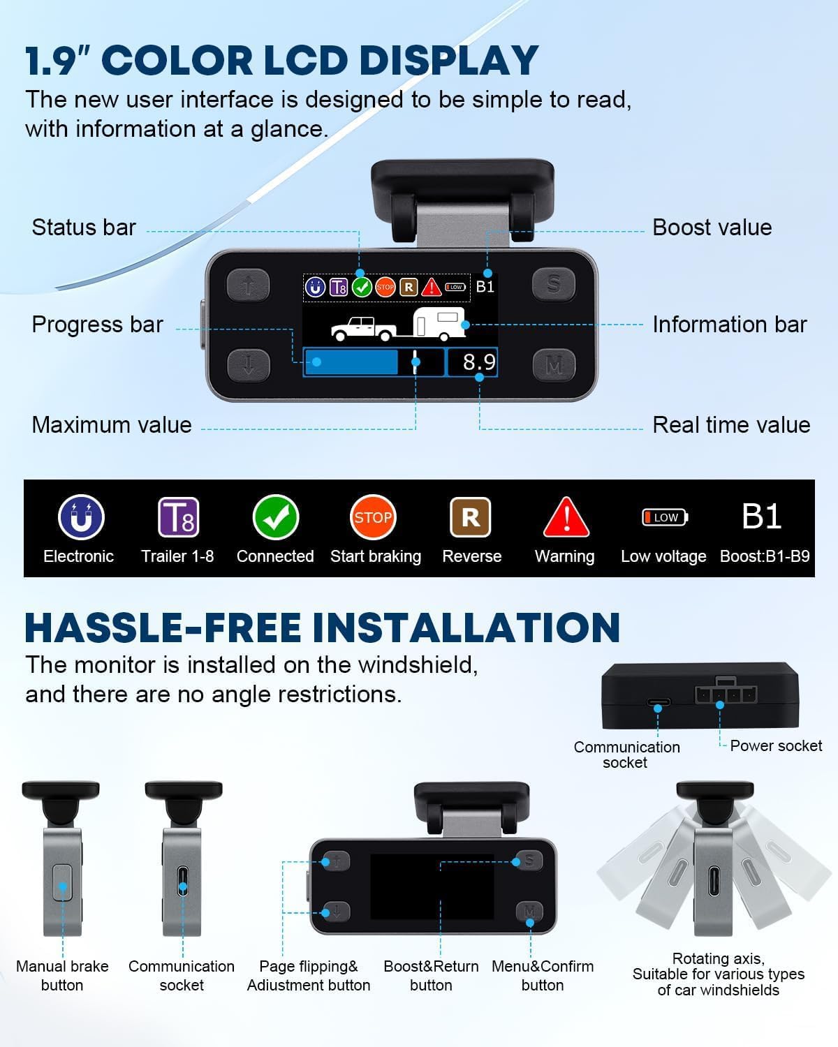 Trailer Brake Controller, Brake Controller Kit, Electric Brake Controller for Trailers with 1-4 Axles, Color LCD Screen, Split Design