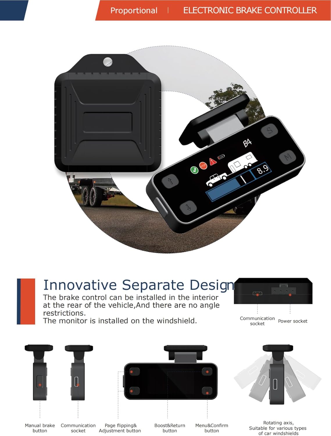 Trailer Brake Controller Kit for Trailers with 1-4 Axles, Color LCD Screen, Split Design