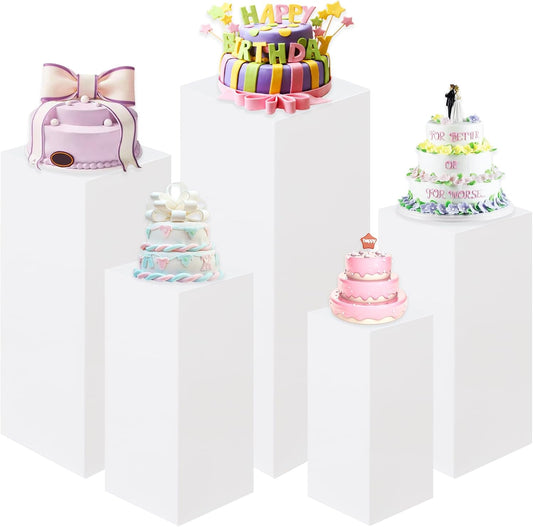 Premium Square Pedestal Stands, Set of 5 Reusable Metal Square Plinths Dessert Table Cube Display Pillars