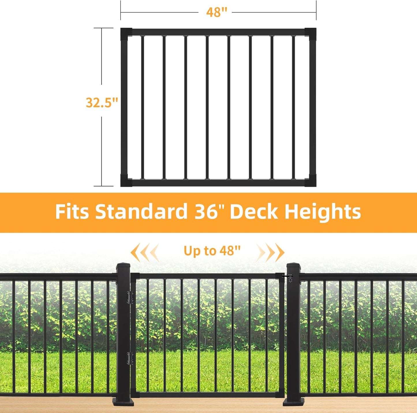 Deck Fence Gate Outdoor, 32'H Gate for 36'H Deck, Black Heavy Duty Steel Anti-Rust Door with Adjustable Width